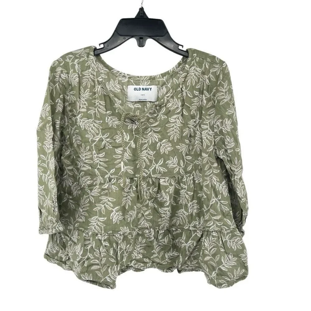 Old Navy Girl’s Olive Floral Tie-Neck Tiered-Hem Cotton Boho Blouse Size 6/7